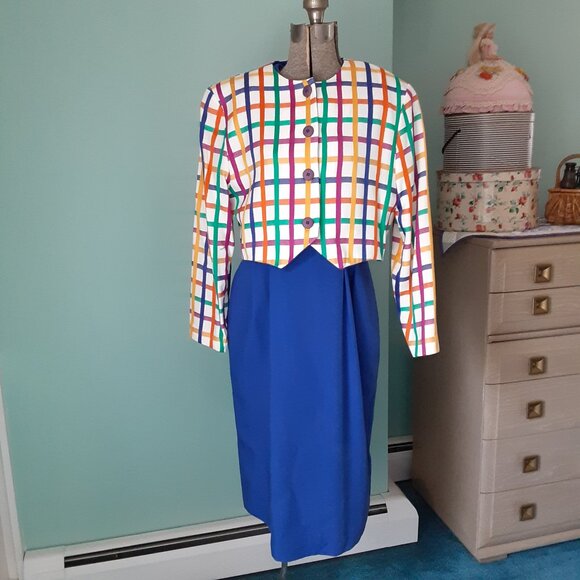 VINTAGE 1980'S CALIFORNIA DESIGN DOROTHY SAMUEL DRESS & CROPPED JACKET SIZE 12 - Picture 1 of 12